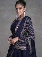 Dark Blue Real Organza Silk Shrug Style Lehenga Choli